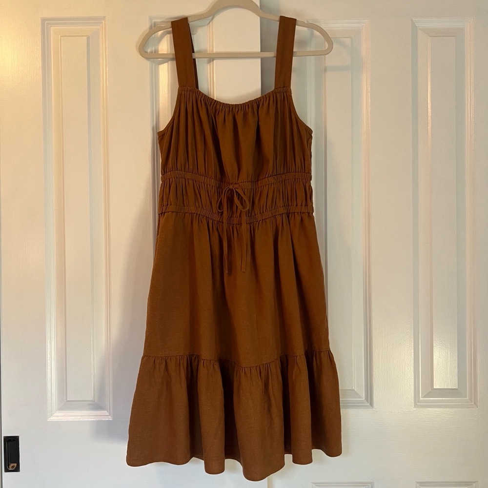 A.N.A Ruched Tiered Brown Boho Peasant Sleeveless Linen Blend Dress Size M
